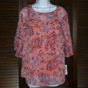 AGB Pink Paisley Top with Necklace, M, NWT